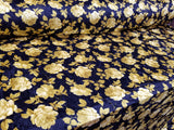 Black Solar Gold Floral Print Crushed Stretch Velvet Fabric By Yard