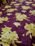 Merlot Solar Gold Floral Print Crushed Stretch Velvet Fabric By Yard