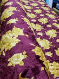Merlot Solar Gold Floral Print Crushed Stretch Velvet Fabric By Yard