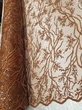 Elegant 54" Rust French Floral Design with Sequins Lace in Mesh by  yards