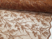 Elegant 54" Rust French Floral Design with Sequins Lace in Mesh by  yards