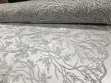 Elegant 54" Silver French Floral Design with Sequins Lace in Mesh by  yards