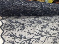 Elegant 54" Navy Blue French Floral Design with Sequins Lace in Mesh by  yards