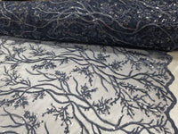 Elegant 54" Navy Blue French Floral Design with Sequins Lace in Mesh by  yards