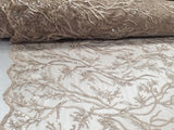 Elegant 54" Dk.Champagne French Floral Design with Sequins Lace in Mesh by  yards