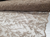 Elegant 54" Dk.Champagne French Floral Design with Sequins Lace in Mesh by  yards