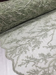 Elegant 54" Sage French Floral Design with Sequins Lace in Mesh by  yards