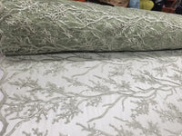 Elegant 54" Sage French Floral Design with Sequins Lace in Mesh by  yards