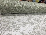 Elegant 54" Sage French Floral Design with Sequins Lace in Mesh by  yards