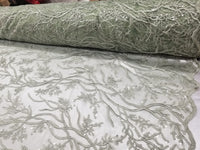 Elegant 54" Sage French Floral Design with Sequins Lace in Mesh by  yards