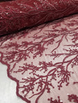 Elegant 54" Burgundy French Floral Design with Sequins Lace in Mesh by  yards