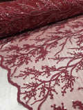 Elegant 54" Burgundy French Floral Design with Sequins Lace in Mesh by  yards