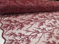 Elegant 54" Burgundy French Floral Design with Sequins Lace in Mesh by  yards