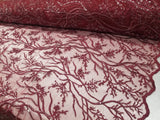 Elegant 54" Burgundy French Floral Design with Sequins Lace in Mesh by  yards