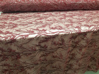 Elegant 54" Burgundy French Floral Design with Sequins Lace in Mesh by  yards