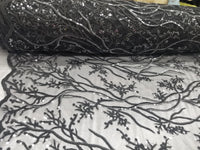 Elegant 54" Black French Floral Design with Sequins Lace in Mesh by  yards