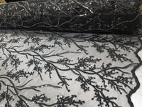 Elegant 54" Black French Floral Design with Sequins Lace in Mesh by  yards