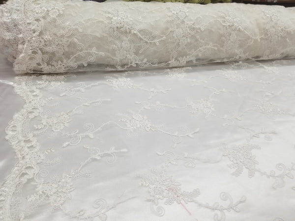 Off White Bridal Wedding Floral Mesh Lace Fabric by Yard