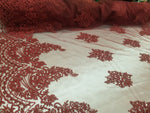 54" Burgundy  French Floral Design Lace in Mesh by the Yard