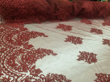 54" Burgundy  French Floral Design Lace in Mesh by the Yard