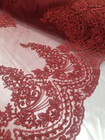 54" Burgundy  French Floral Design Lace in Mesh by the Yard