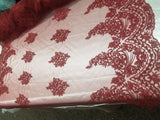 54" Burgundy  French Floral Design Lace in Mesh by the Yard