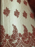 54" Burgundy  French Floral Design Lace in Mesh by the Yard