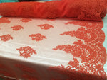 54" Red French Floral Design Lace in Mesh by the Yard