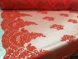 54" Red French Floral Design Lace in Mesh by the Yard