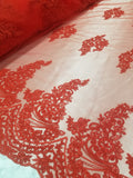 54" Red French Floral Design Lace in Mesh by the Yard