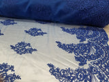 54" Royal Blue French Floral Design Lace in Mesh by the Yard