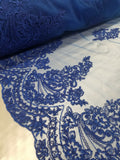 54" Royal Blue French Floral Design Lace in Mesh by the Yard