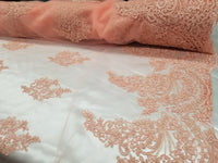 54" Coral French Floral Design Lace in Mesh by the Yard