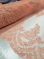 54" Coral French Floral Design Lace in Mesh by the Yard