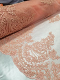 54" Coral French Floral Design Lace in Mesh by the Yard