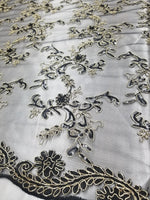 Black/Champagne Metallic Flowers Sequins on A Mesh Lace Fabric for Tablecloths, Costumes, Decorations, Runners by the Yard