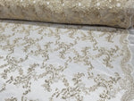 Champagne Metallic Flowers Sequins on A Mesh Lace Fabric for Tablecloths, Costumes, Decorations, Runners by the Yard