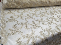 Champagne Metallic Flowers Sequins on A Mesh Lace Fabric for Tablecloths, Costumes, Decorations, Runners by the Yard