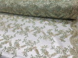 Mint Metallic Flowers Sequins on A Mesh Lace Fabric for Tablecloths, Costumes, Decorations, Runners by the Yard