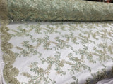 Mint Metallic Flowers Sequins on A Mesh Lace Fabric for Tablecloths, Costumes, Decorations, Runners by the Yard