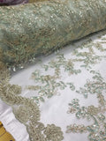 Mint Metallic Flowers Sequins on A Mesh Lace Fabric for Tablecloths, Costumes, Decorations, Runners by the Yard