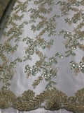 Mint Metallic Flowers Sequins on A Mesh Lace Fabric for Tablecloths, Costumes, Decorations, Runners by the Yard