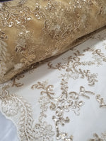 Gold Metallic Flowers Sequins on A Mesh Lace Fabric for Tablecloths, Costumes, Decorations, Runners by the Yard