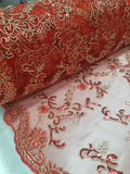 Red Metallic Flowers Sequins on A Mesh Lace Fabric for Tablecloths, Costumes, Decorations, Runners by the Yard