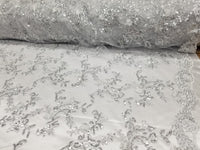 White Metallic Flowers Sequins on A Mesh Lace Fabric for Tablecloths, Costumes, Decorations, Runners by the Yard