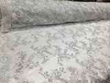 White Metallic Flowers Sequins on A Mesh Lace Fabric for Tablecloths, Costumes, Decorations, Runners by the Yard