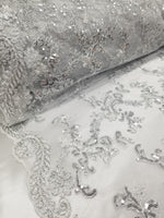 White Metallic Flowers Sequins on A Mesh Lace Fabric for Tablecloths, Costumes, Decorations, Runners by the Yard