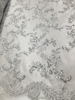 White Metallic Flowers Sequins on A Mesh Lace Fabric for Tablecloths, Costumes, Decorations, Runners by the Yard