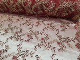 Elegant Burgundy 50" Floral Embroidery Lace in Mesh by Yard