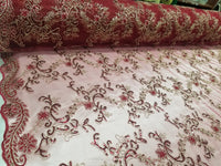 Elegant Burgundy 50" Floral Embroidery Lace in Mesh by Yard